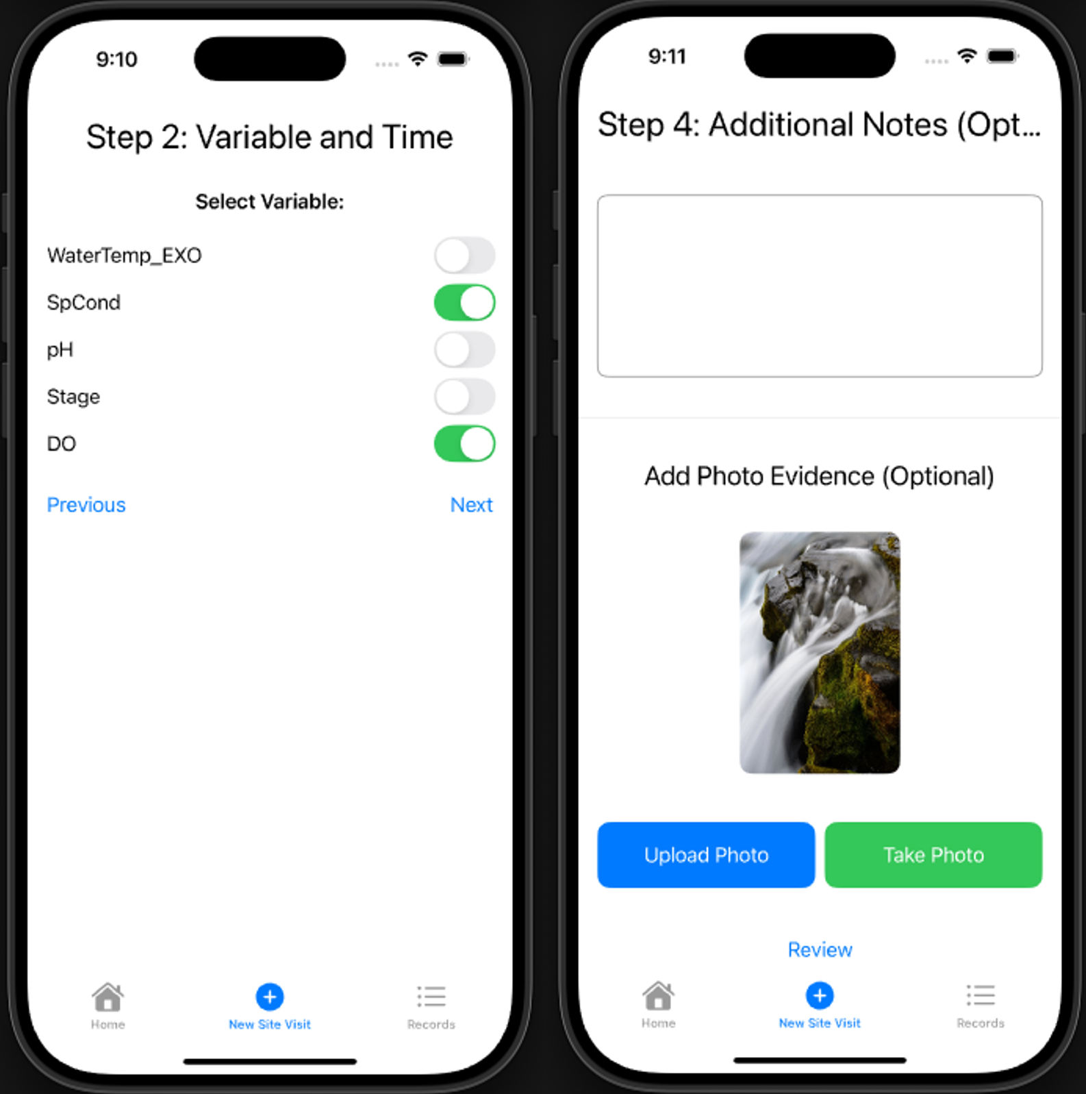Site Visit Assistant app — variable selection screen
